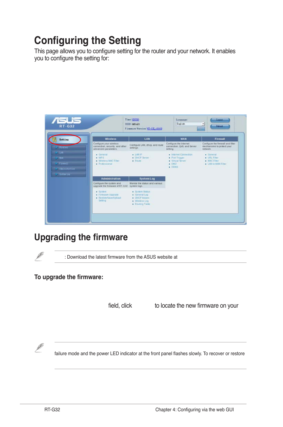 Configuring the advanced settings, Upgrading the firmware, Configuring the settings | Configuring the setting | Asus RT-G32 User Manual | Page 22 / 743