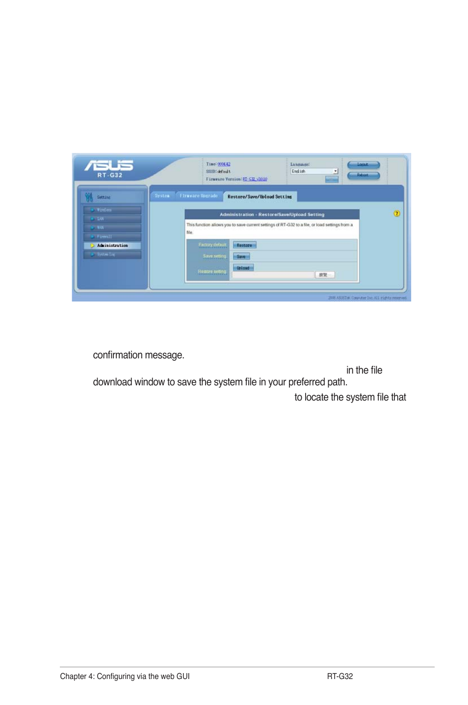 Restoring/saving/uploading settings | Asus RT-G32 User Manual | Page 23 / 743