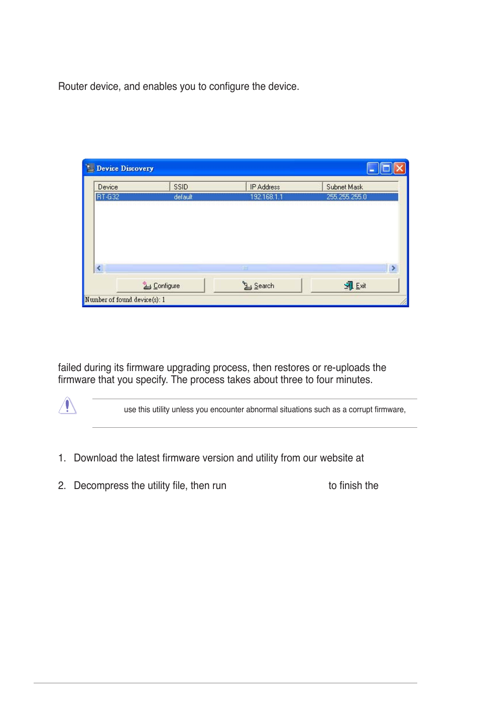 Firmware restoration, Device discovery | Asus RT-G32 User Manual | Page 26 / 743