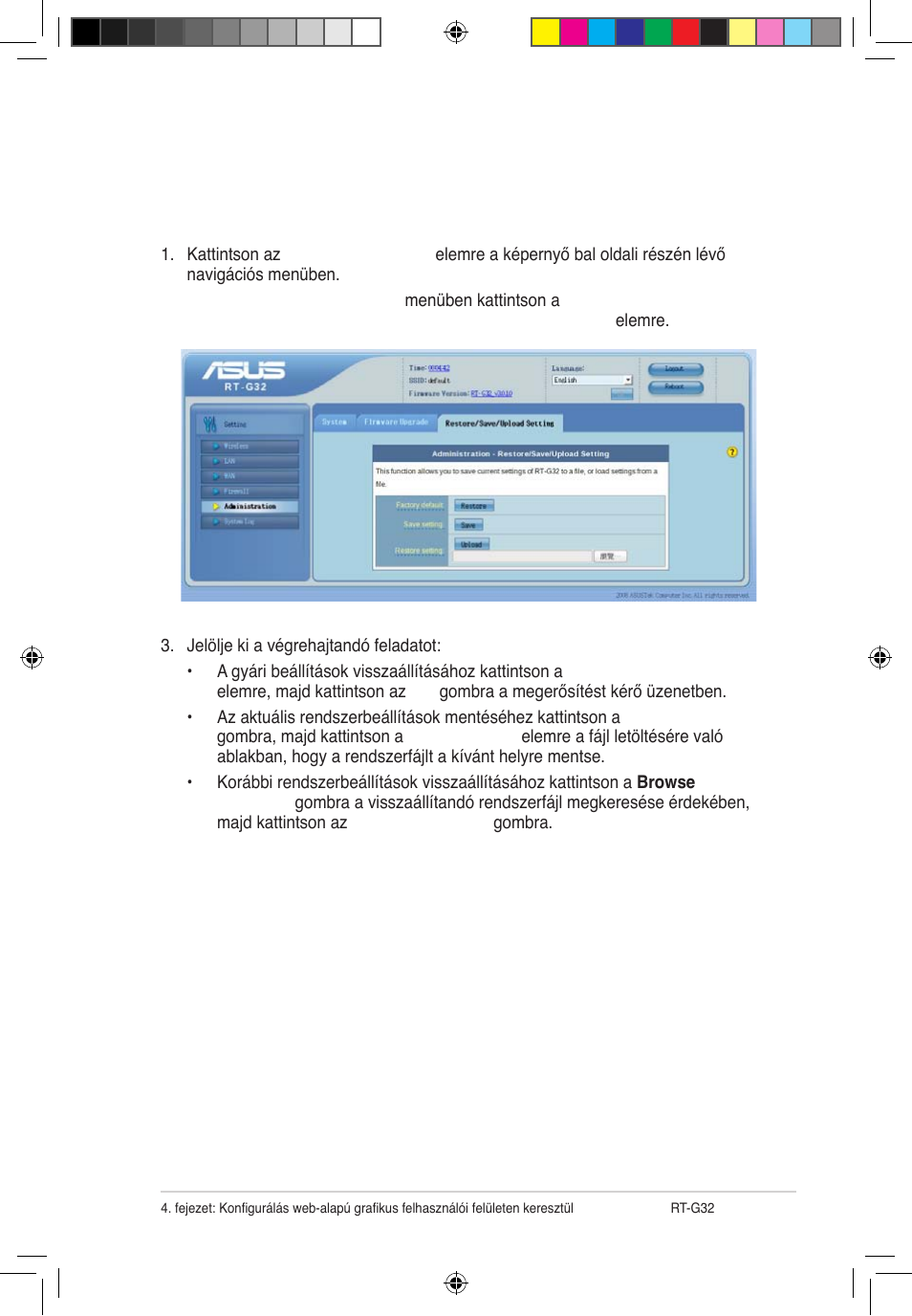 Beállítások visszaállítása/mentése/feltöltése | Asus RT-G32 User Manual | Page 287 / 743