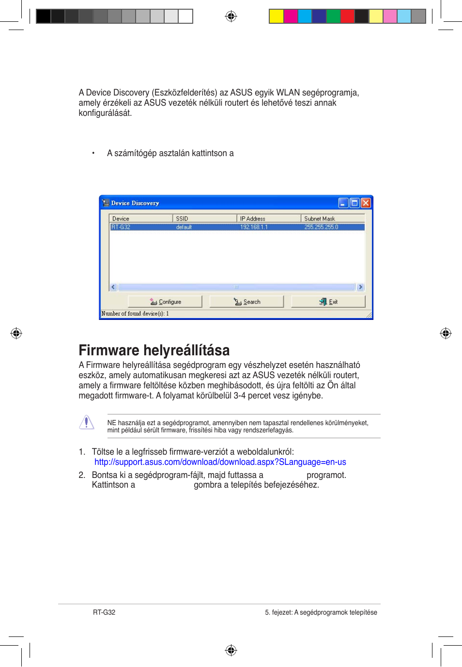 Device discovery, Firmware helyreállítása | Asus RT-G32 User Manual | Page 290 / 743