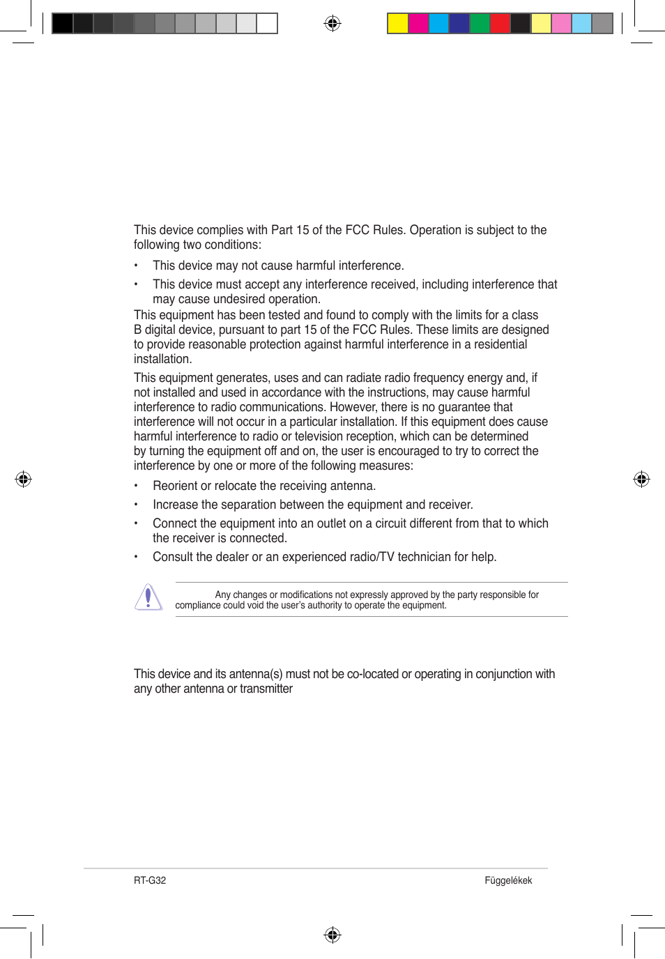 Függelékek, Felhívások, Federal communications commission statement | Prohibition of co-location | Asus RT-G32 User Manual | Page 300 / 743