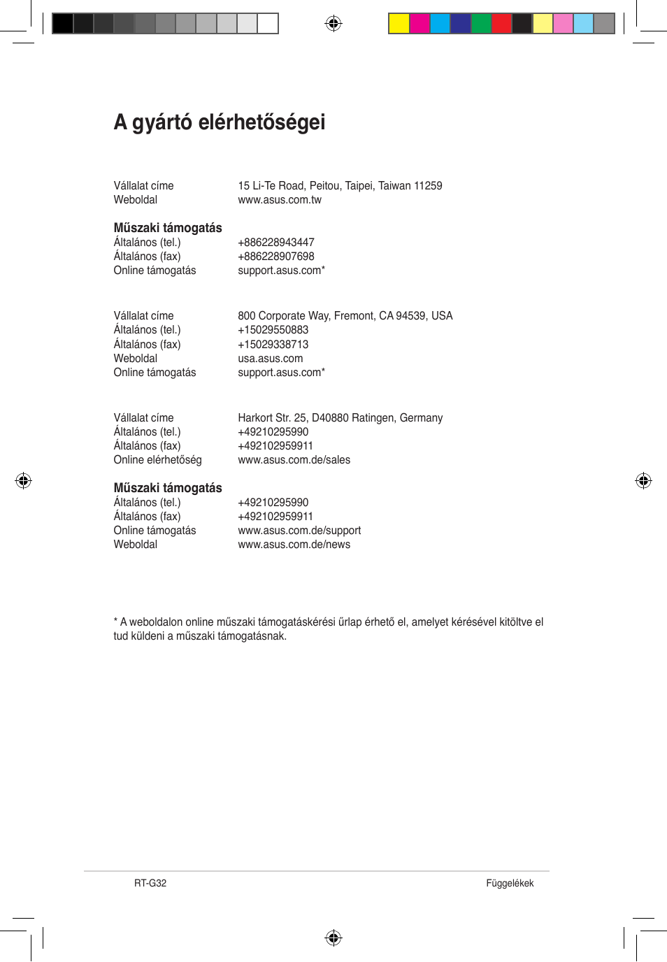 A gyártó elérhetőségei, Asustek computer inc, Asus computer international (észak-amerika) | Asus computer gmbh (németország, ausztria) | Asus RT-G32 User Manual | Page 308 / 743