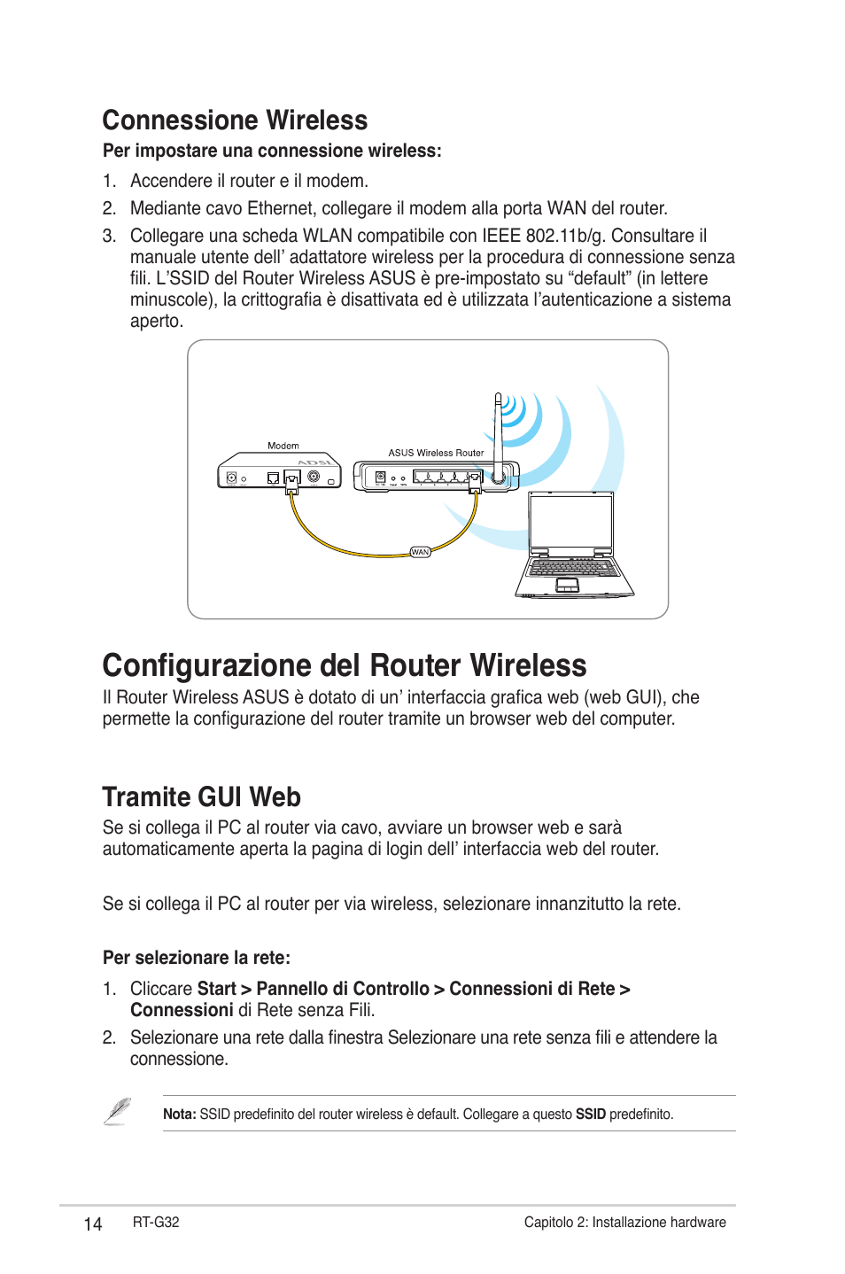 Configurazione del router wireless, Connessione wireless, Tramite gui web | Asus RT-G32 User Manual | Page 322 / 743