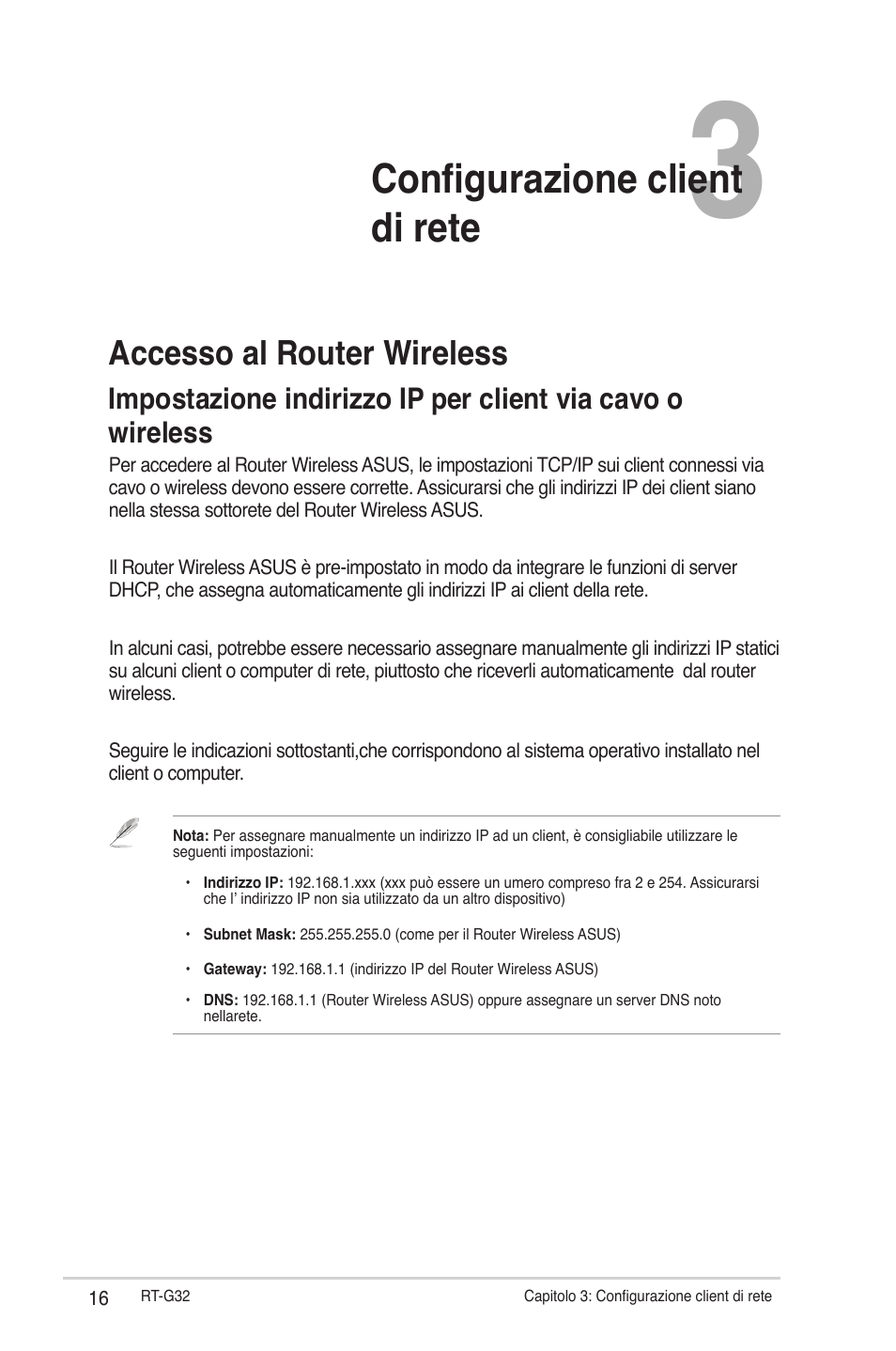 Configurazione client di rete, Accesso al router wireless | Asus RT-G32 User Manual | Page 324 / 743