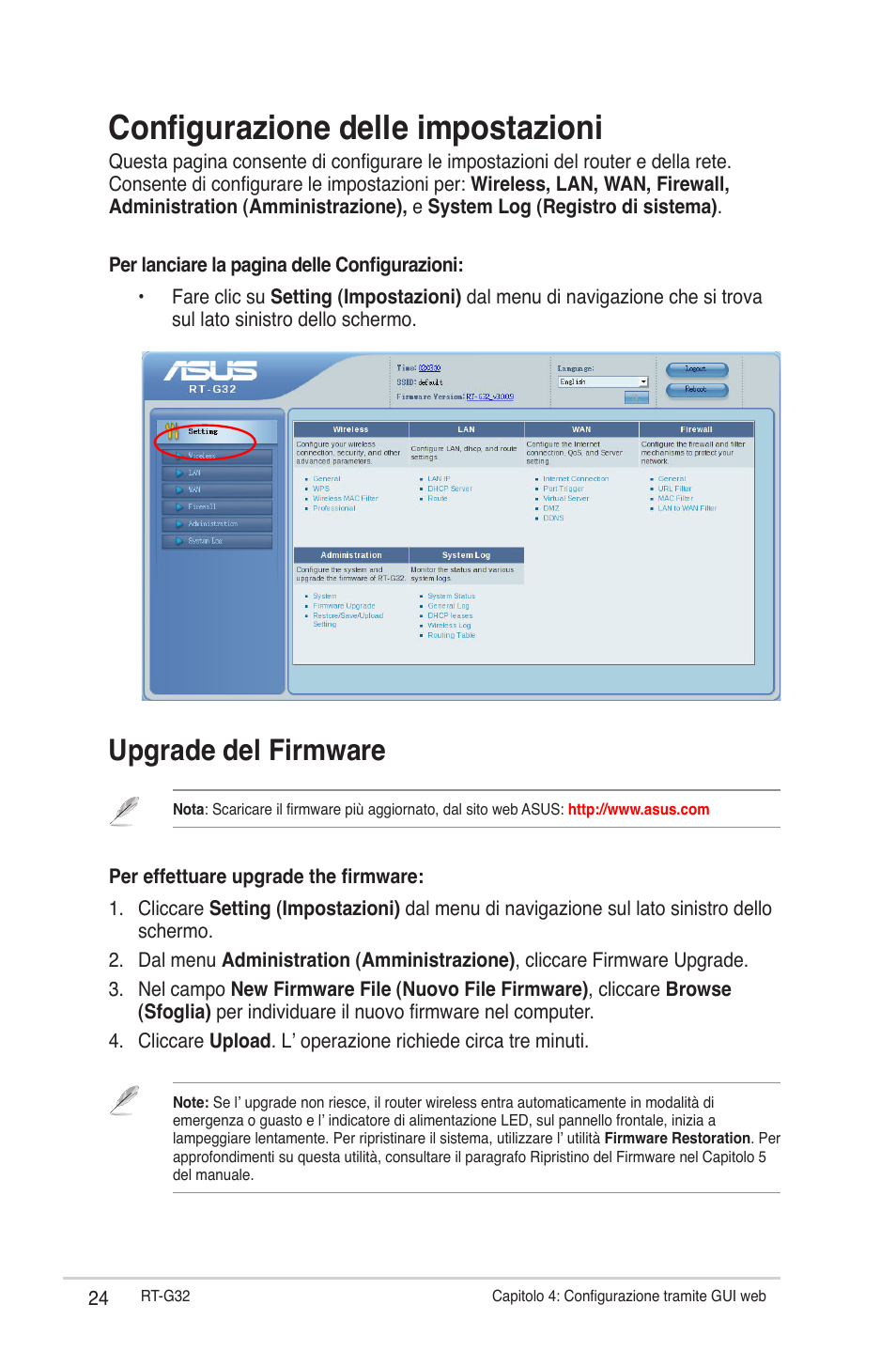 Configurazione delle impostazioni, Upgrade del firmware | Asus RT-G32 User Manual | Page 332 / 743