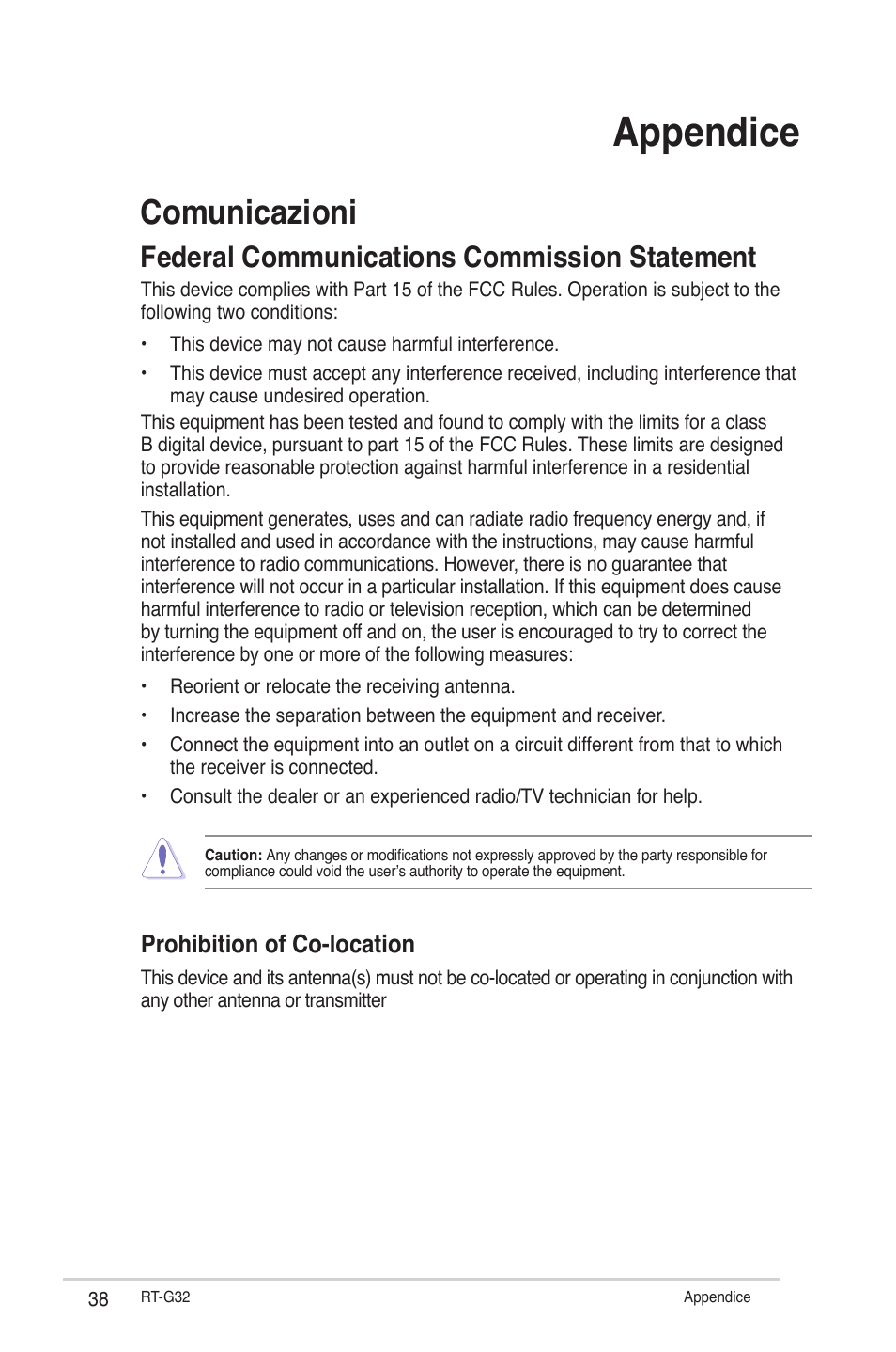 Appendice, Comunicazioni, Federal communications commission statement | Prohibition of co-location | Asus RT-G32 User Manual | Page 346 / 743