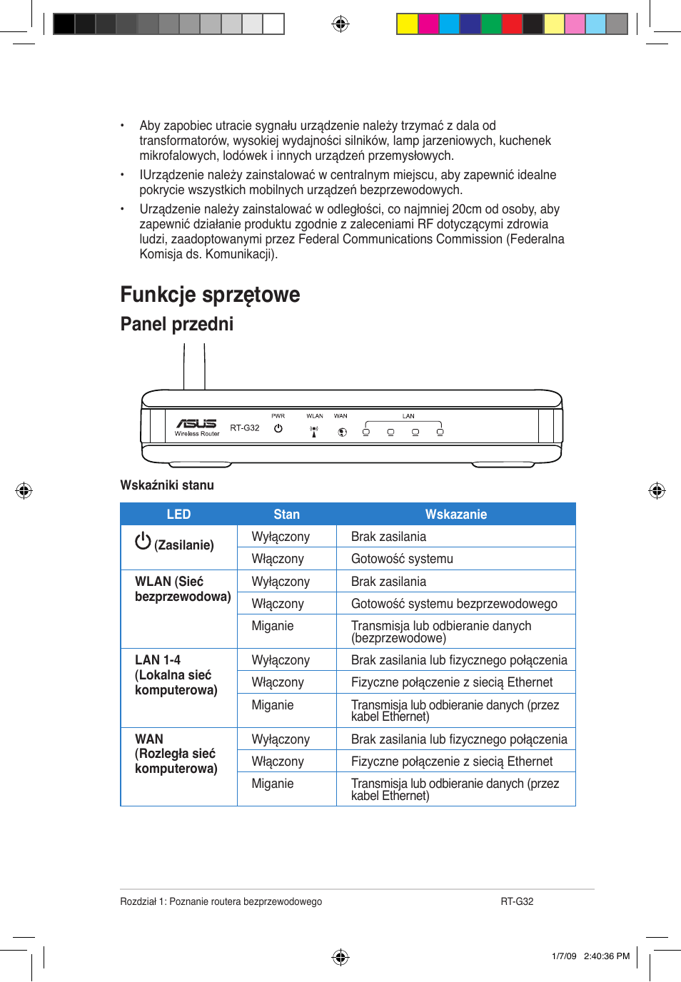 Funkcje sprzętowe, Panel przedni | Asus RT-G32 User Manual | Page 449 / 743