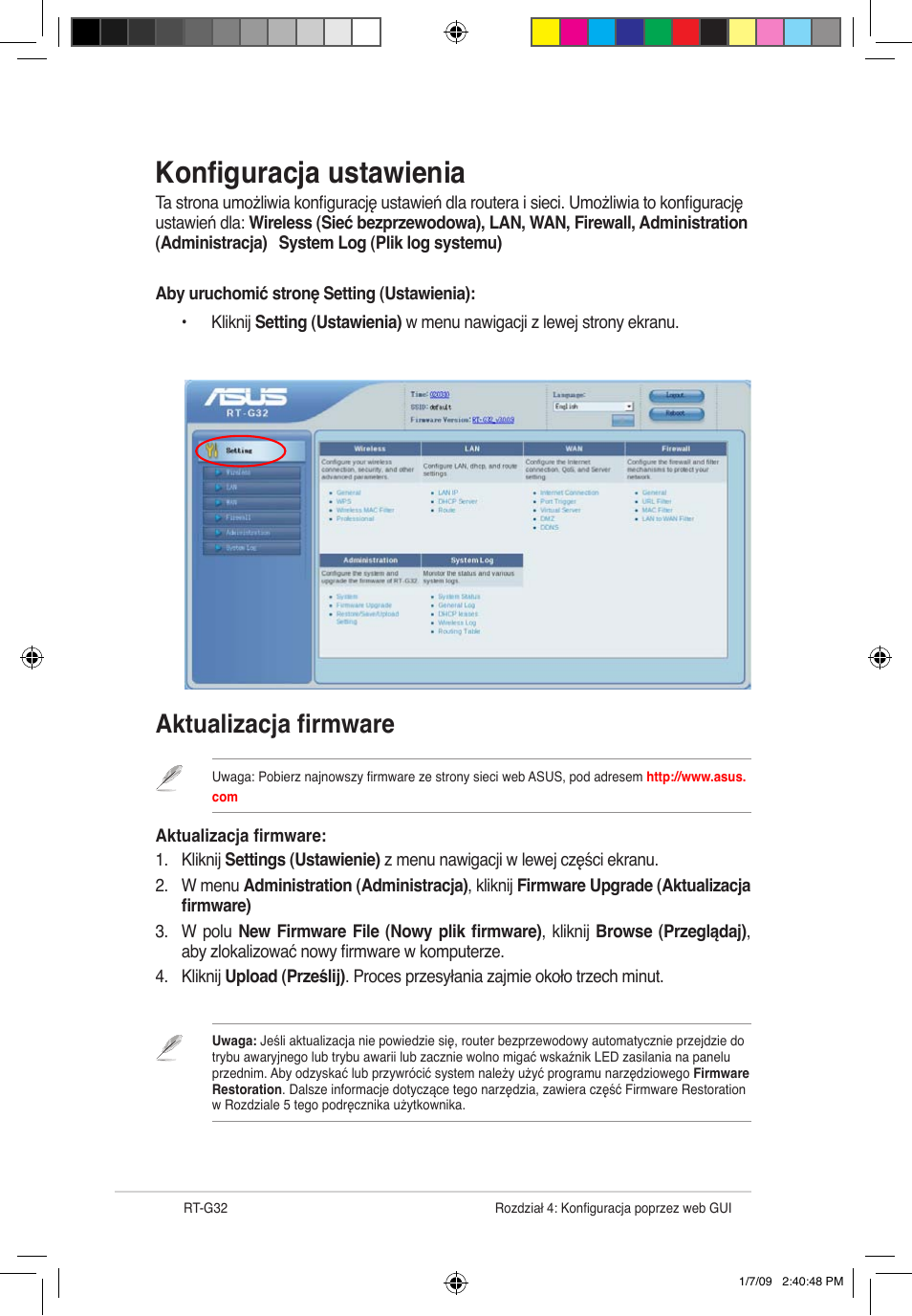 Konfiguracja ustawienia, Aktualizacja firmware | Asus RT-G32 User Manual | Page 464 / 743