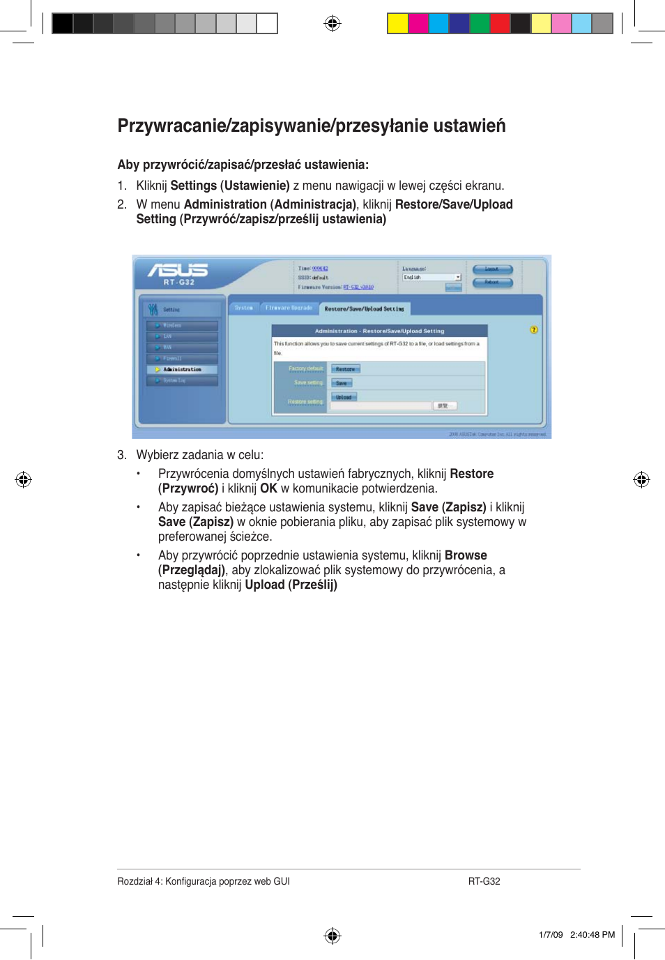 Przywracanie/zapisywanie/przesyłanie ustawień | Asus RT-G32 User Manual | Page 465 / 743