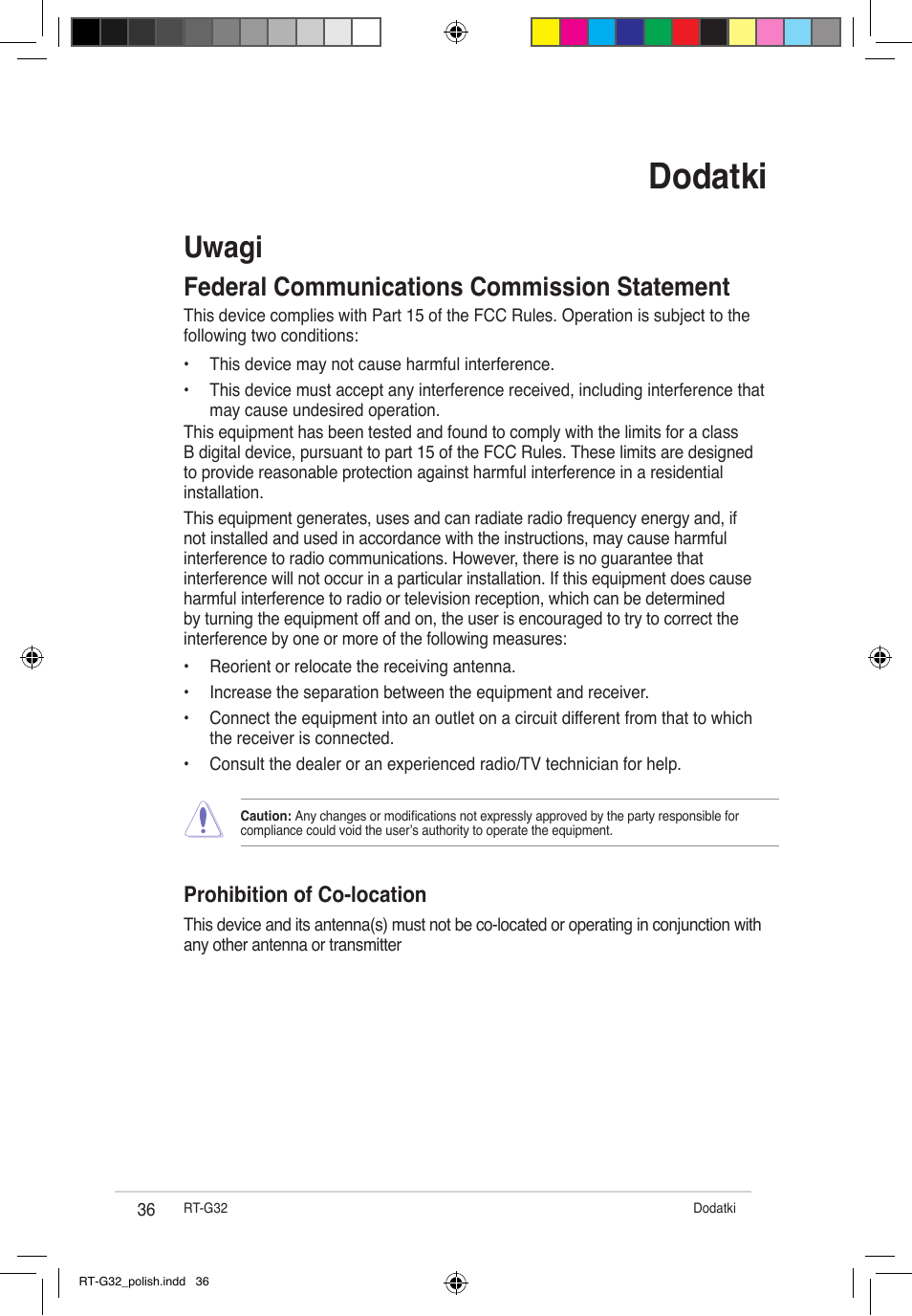 Dodatki, Uwagi, Federal communications commission statement | Prohibition of co-location | Asus RT-G32 User Manual | Page 478 / 743