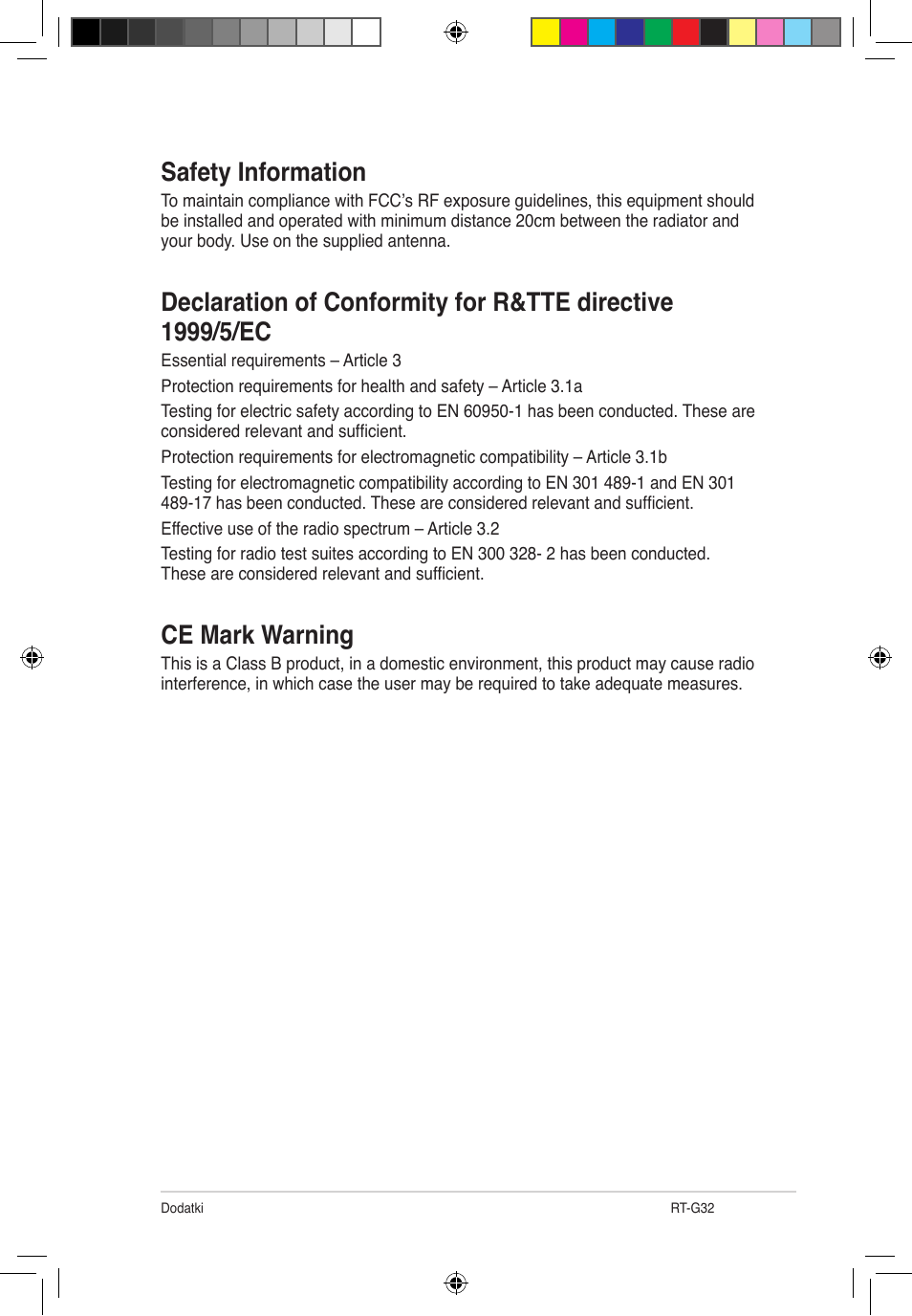 Safety information, Ce mark warning | Asus RT-G32 User Manual | Page 479 / 743