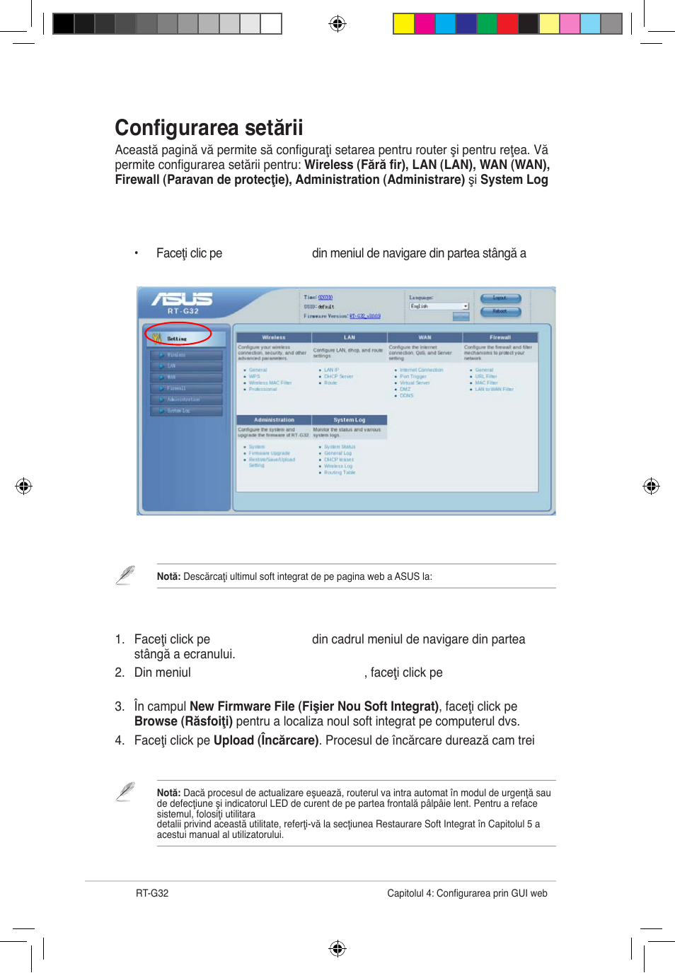 Configurarea setării, Actualizarea softului integrat | Asus RT-G32 User Manual | Page 552 / 743