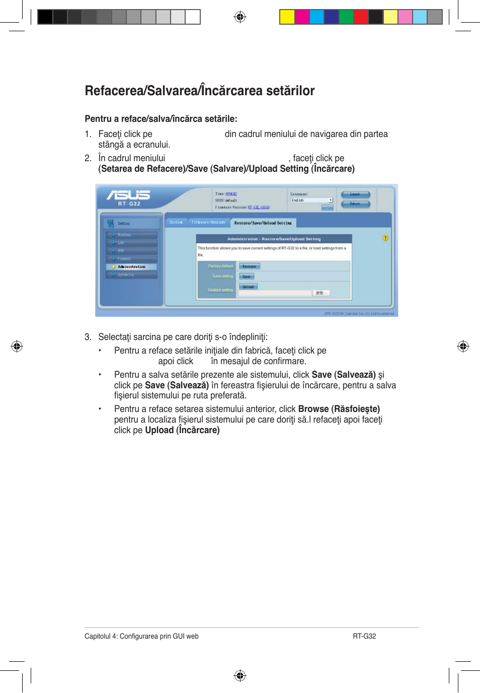 Refacerea/salvarea/încărcarea setărilor | Asus RT-G32 User Manual | Page 553 / 743