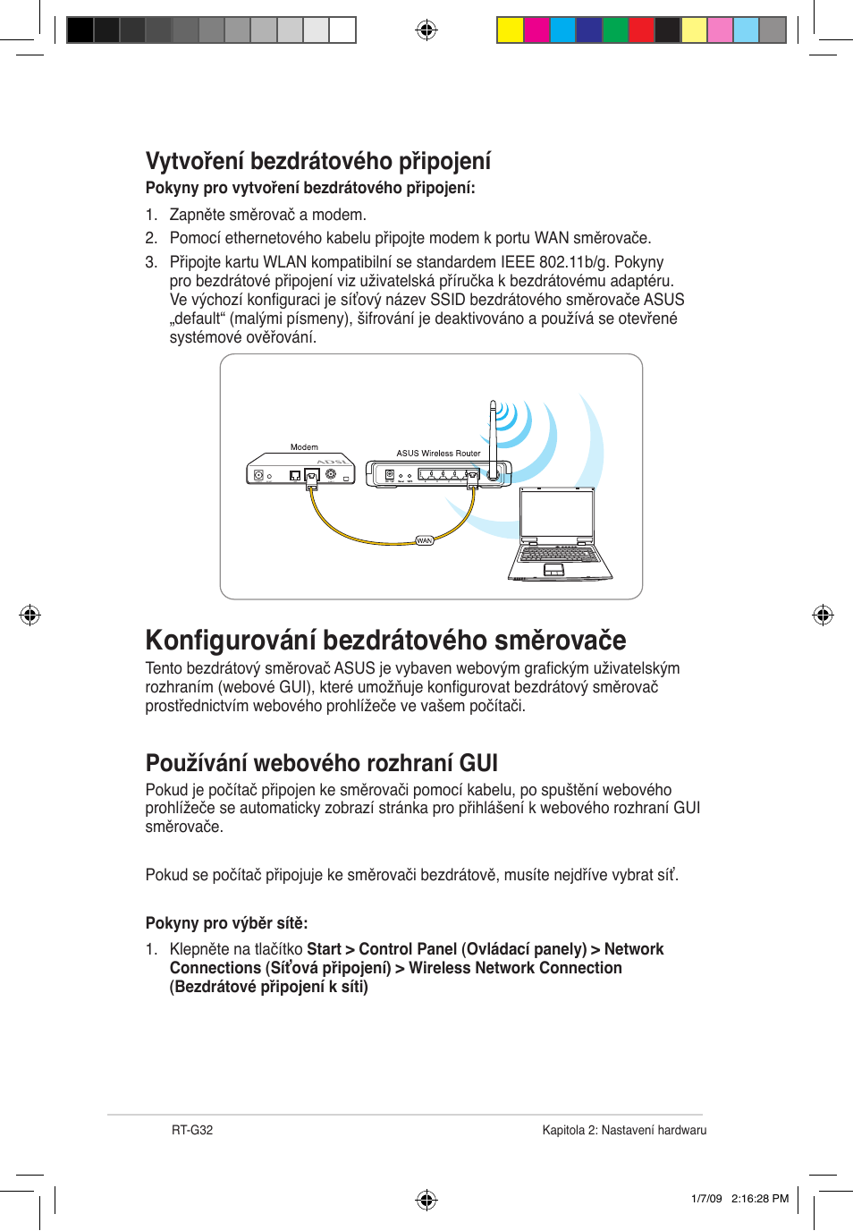 Konfigurování bezdrátového směrovače, Vytvoření bezdrátového připojení, Používání webového rozhraní gui | Asus RT-G32 User Manual | Page 56 / 743