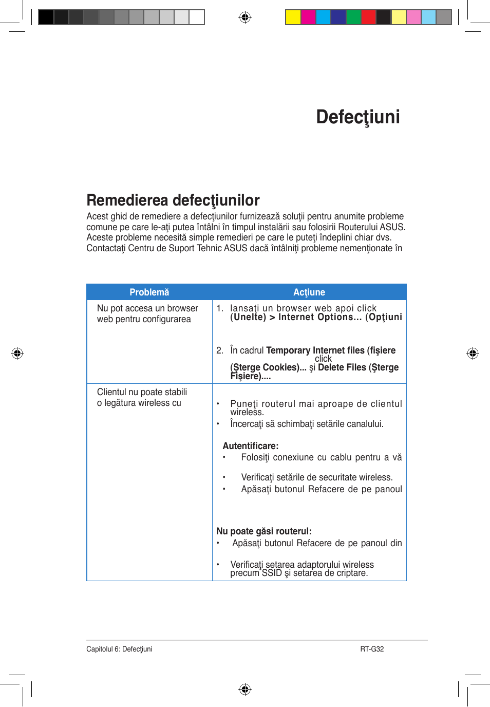 Defecţiuni, Remedierea defecţiunilor | Asus RT-G32 User Manual | Page 563 / 743