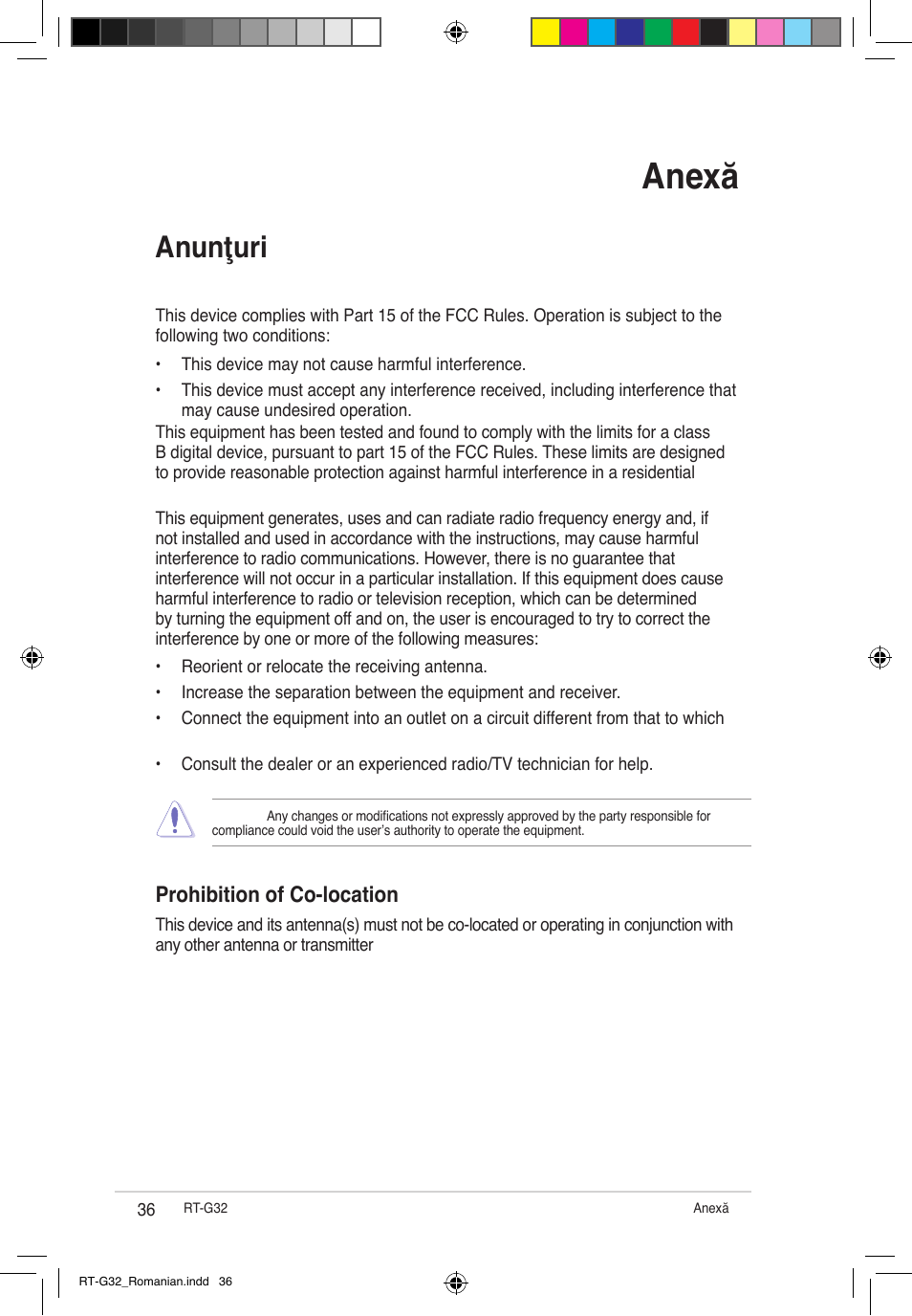 Anexă, Anunţuri, Federal communications commission statement | Prohibition of co-location | Asus RT-G32 User Manual | Page 566 / 743