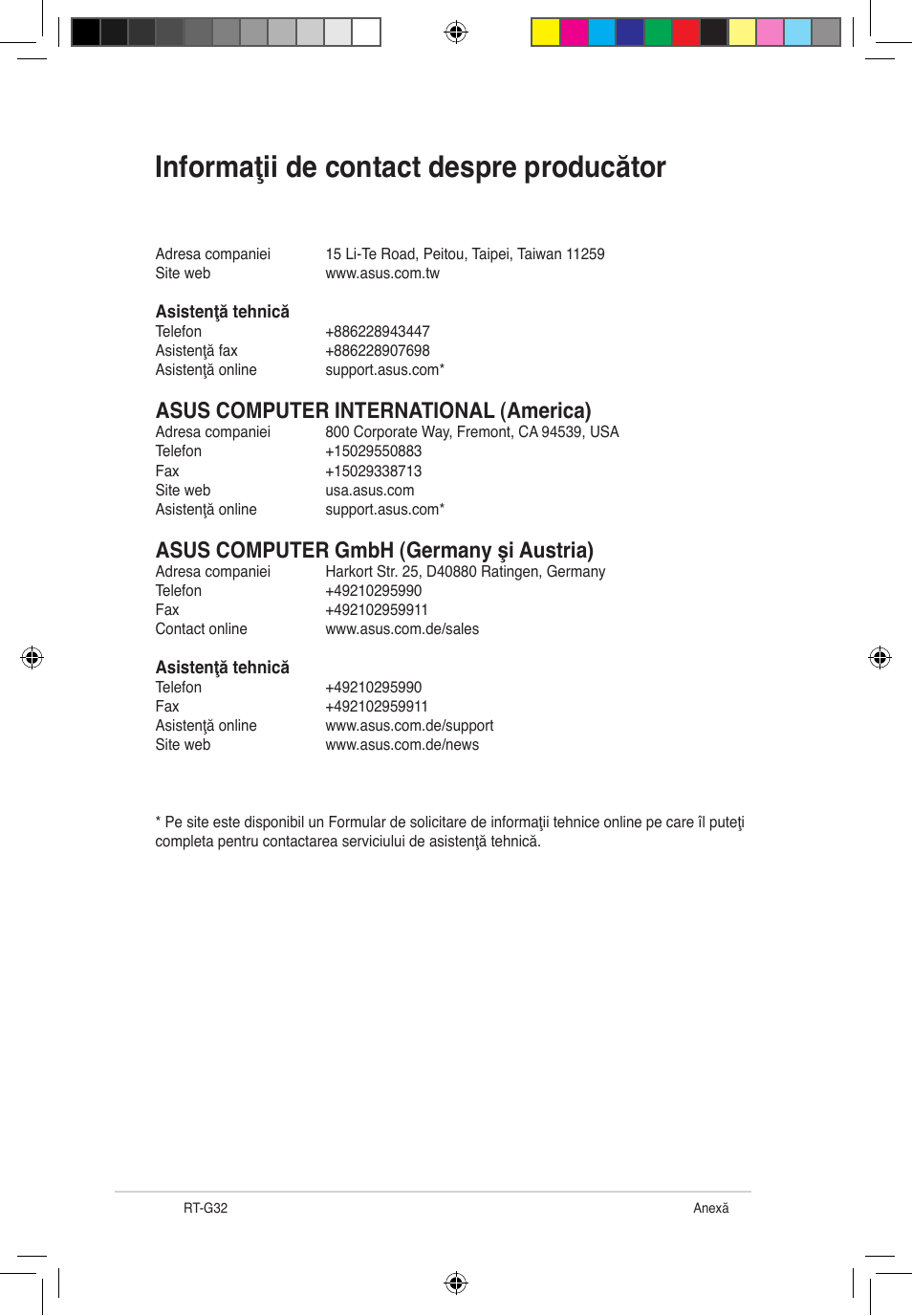 Informaţii de contact despre producător, Asustek computer inc, Asus computer international (america) | Asus computer gmbh (germany şi austria) | Asus RT-G32 User Manual | Page 574 / 743