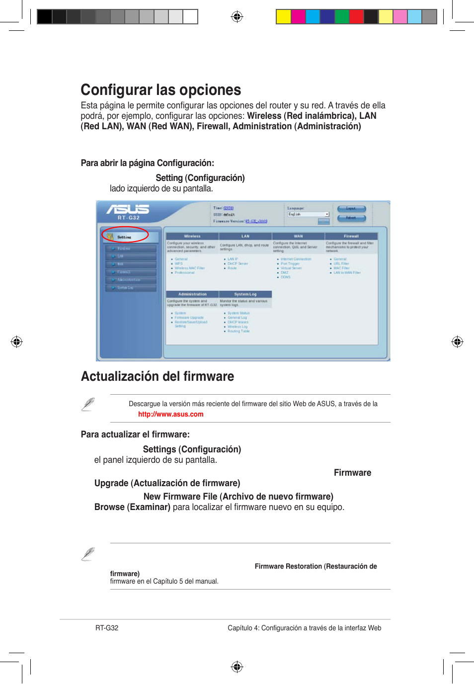 Configurar las opciones, Actualización del firmware | Asus RT-G32 User Manual | Page 596 / 743