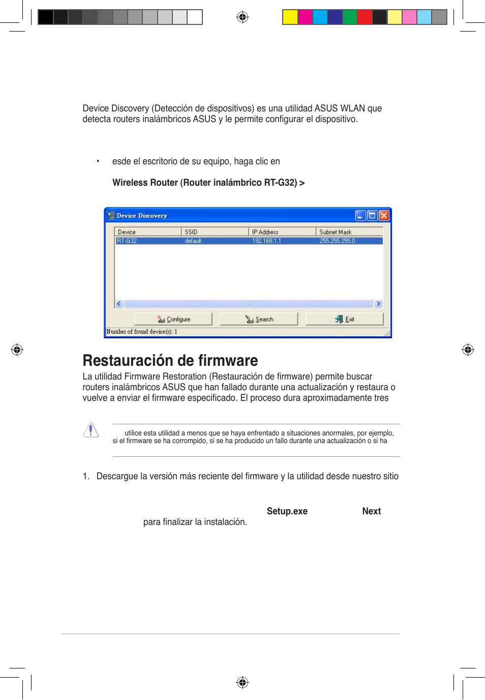 Detección de dispositivos, Restauración de firmware | Asus RT-G32 User Manual | Page 600 / 743