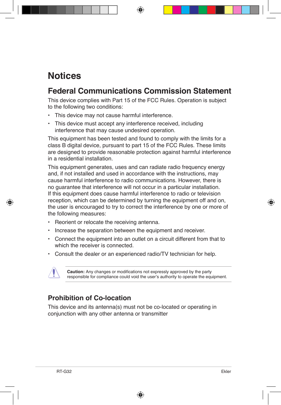 Ekler, Notices, Federal communications commission statement | Prohibition of co-location | Asus RT-G32 User Manual | Page 698 / 743