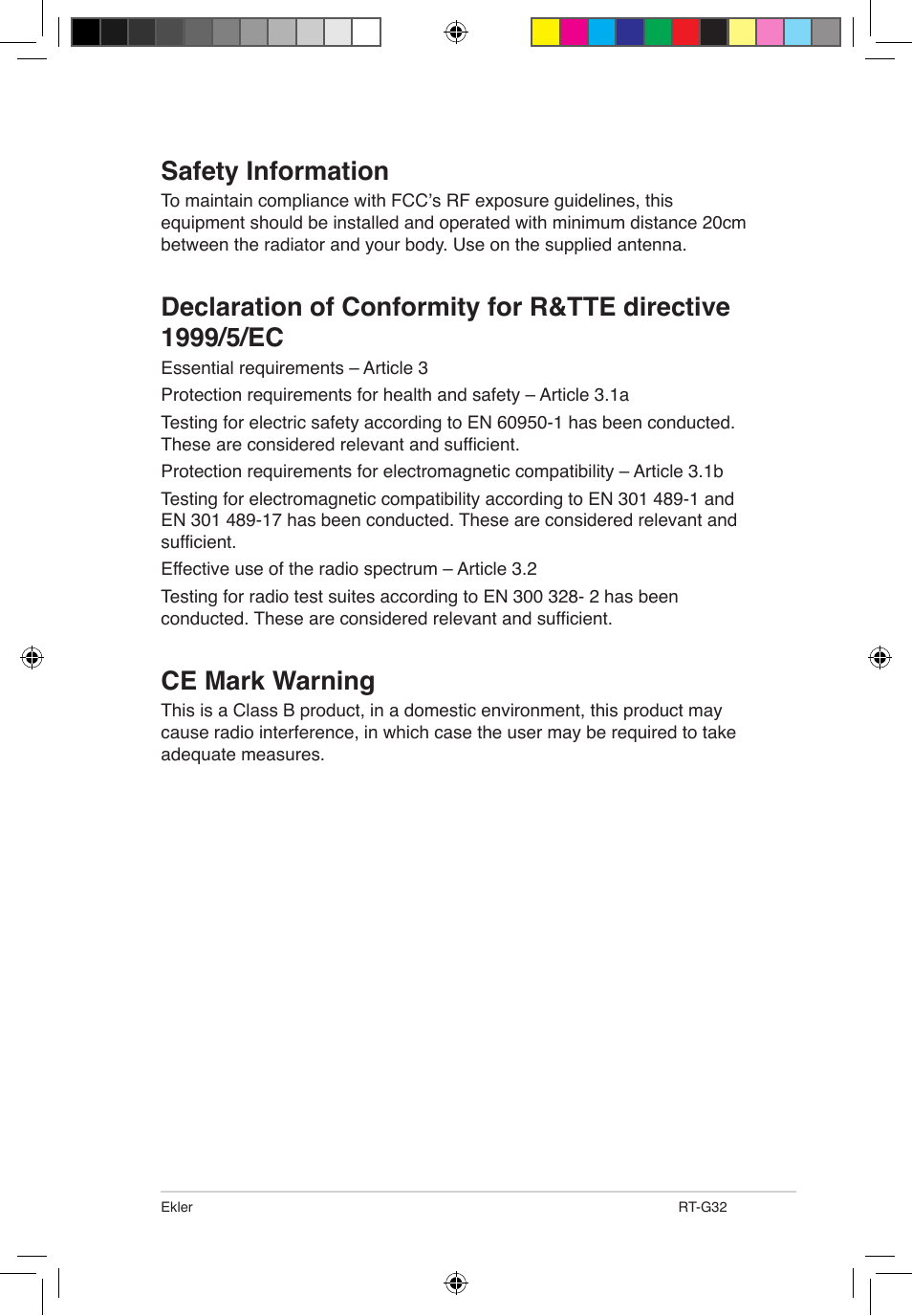 Safety information, Ce mark warning | Asus RT-G32 User Manual | Page 699 / 743