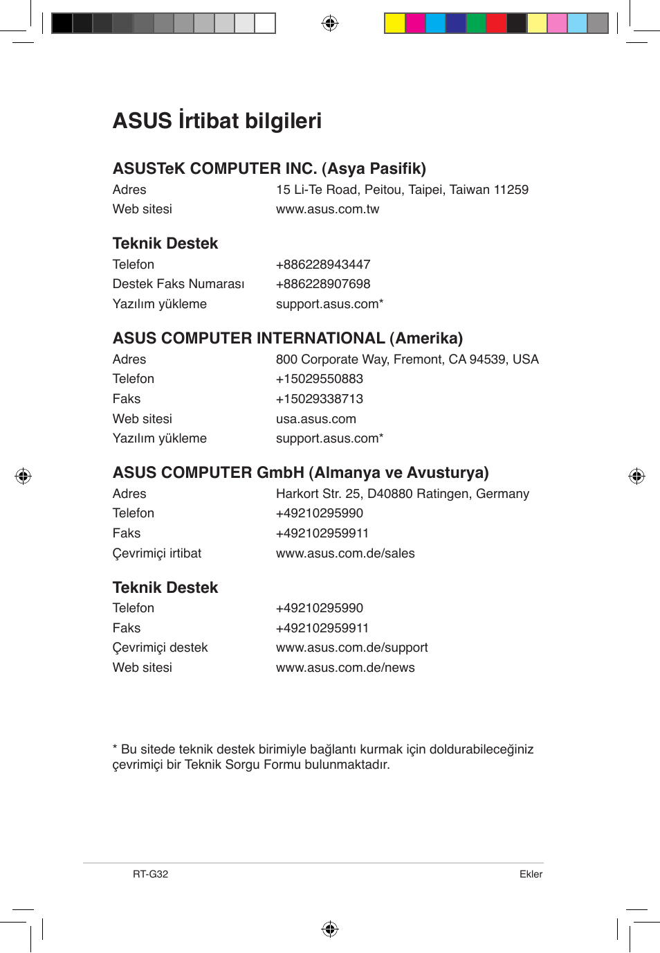 Asus irtibat bilgileri, Asustek computer inc. (asya pasifik), Teknik destek | Asus computer international (amerika), Asus computer gmbh (almanya ve avusturya) | Asus RT-G32 User Manual | Page 706 / 743