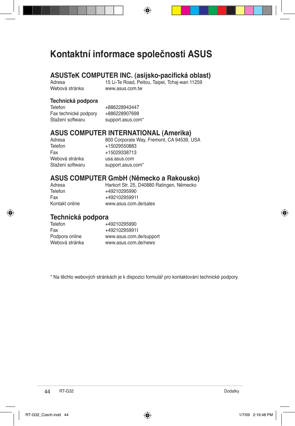 Kontaktní informace společnosti asus, Asustek computer inc. (asijsko-pacifická oblast), Asus computer international (amerika) | Asus computer gmbh (německo a rakousko), Technická podpora | Asus RT-G32 User Manual | Page 88 / 743