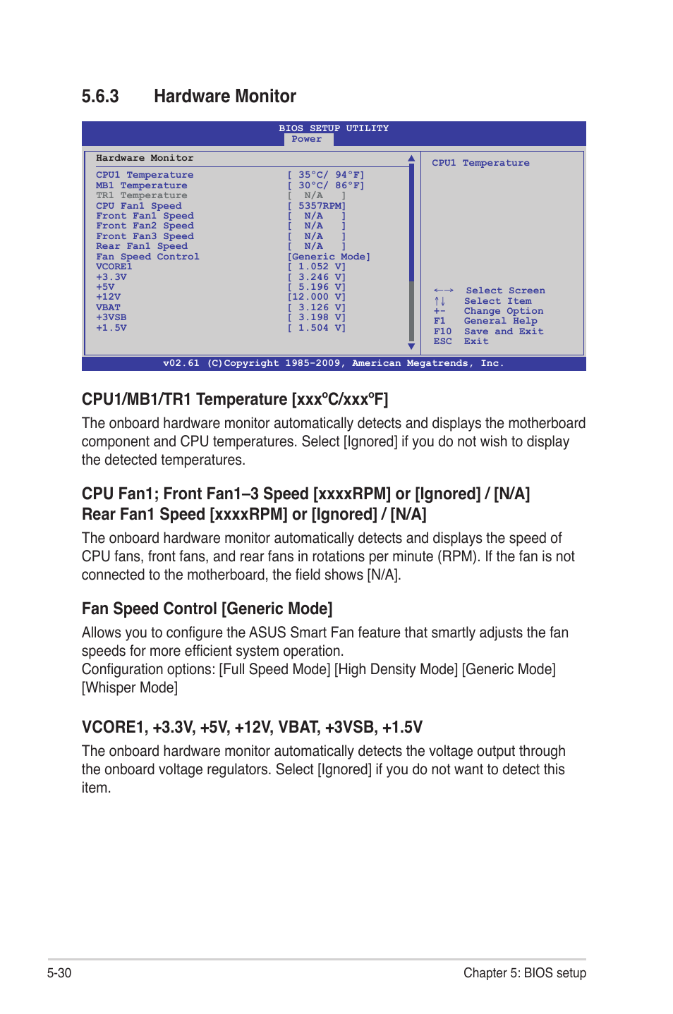 3 hardware monitor, Hardware monitor -30, Cpu1/mb1/tr1 temperature [xxxºc/xxxºf | Fan speed control [generic mode | Asus TS300-E6/PS4 User Manual | Page 102 / 168