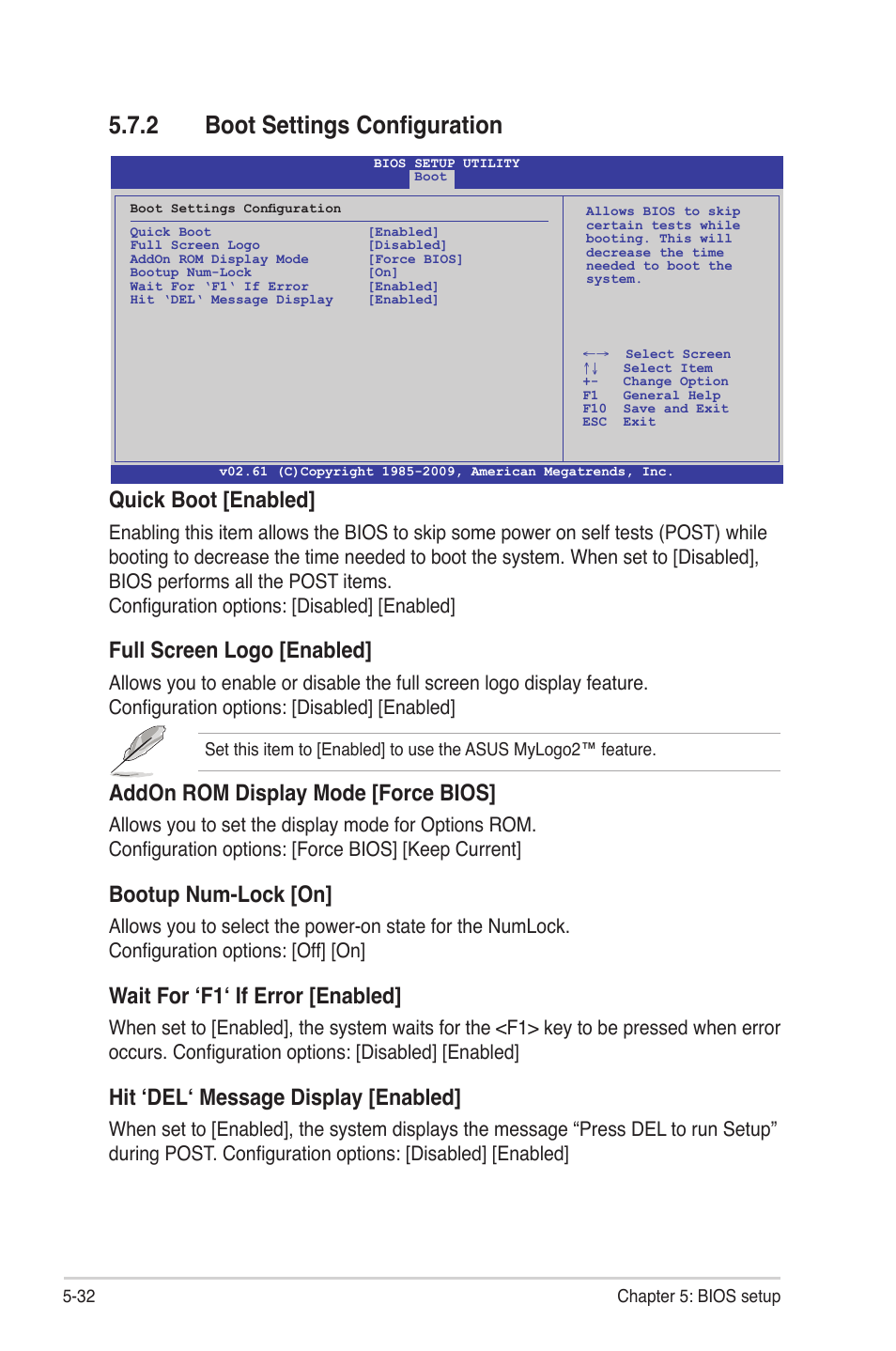 2 boot settings configuration, Boot settings configuration -32, Quick boot [enabled | Full screen logo [enabled, Addon rom display mode [force bios, Bootup num-lock [on, Wait for ‘f1‘ if error [enabled, Hit ‘del‘ message display [enabled | Asus TS300-E6/PS4 User Manual | Page 104 / 168