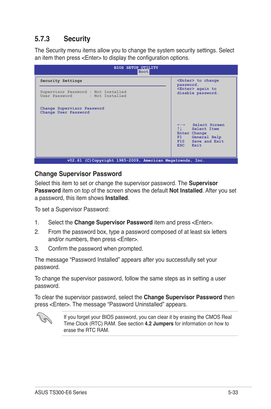 3 security, Security -33, Change supervisor password | Asus TS300-E6/PS4 User Manual | Page 105 / 168