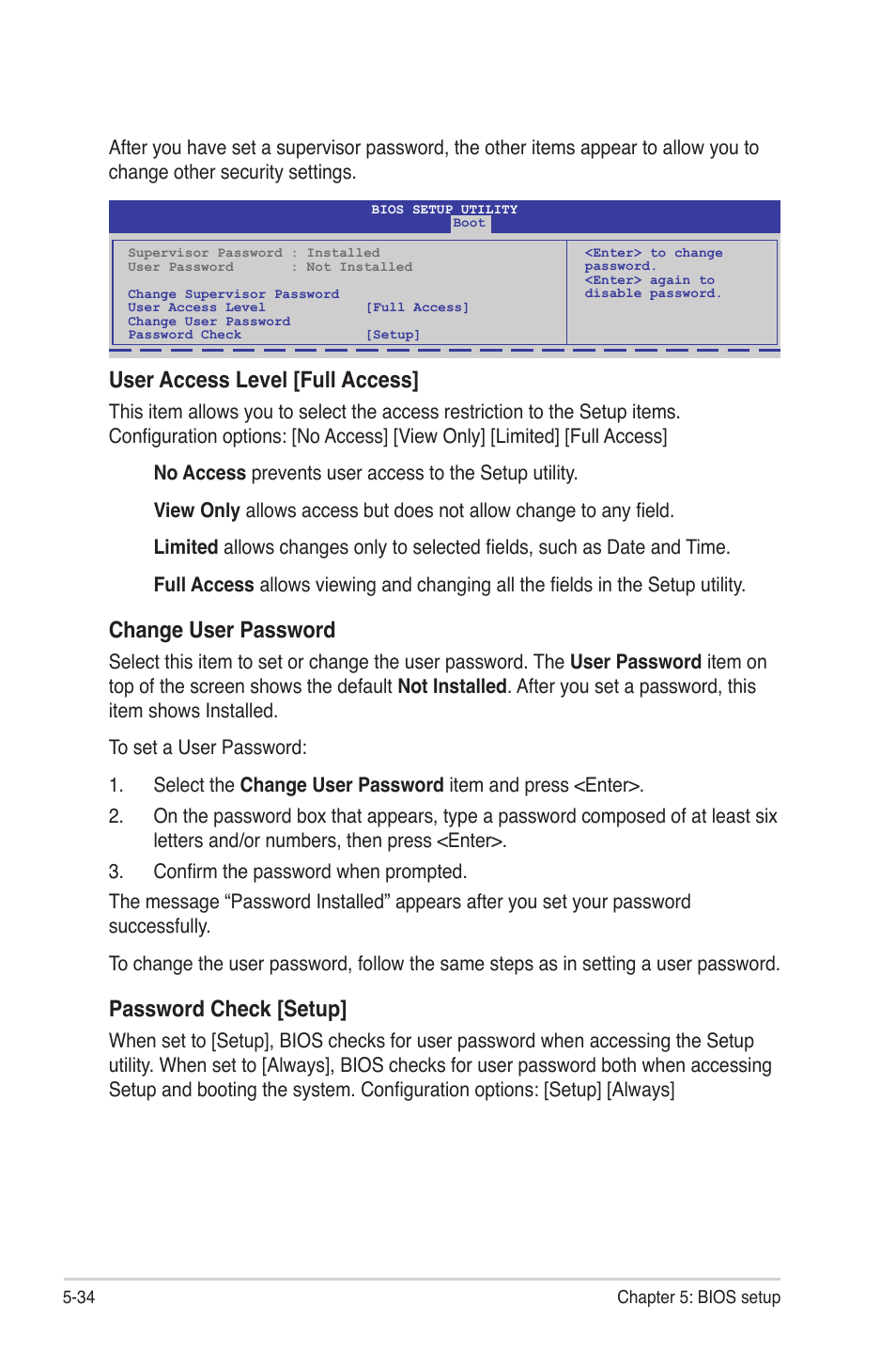 User access level [full access, Change user password, Password check [setup | Asus TS300-E6/PS4 User Manual | Page 106 / 168