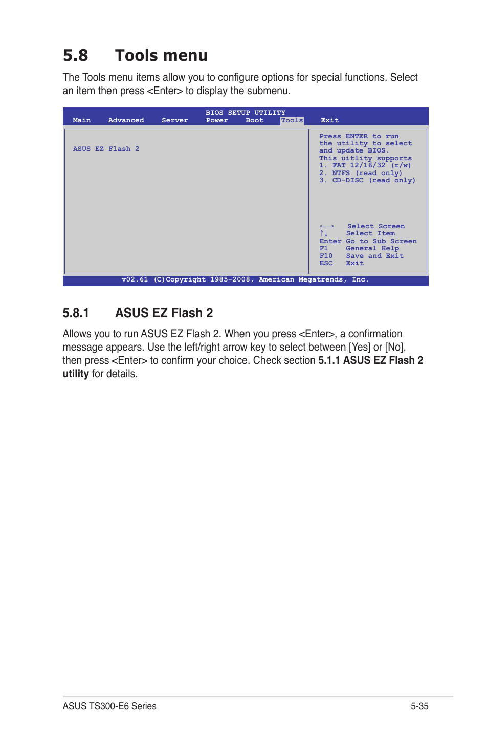 8 tools menu, 1 asus ez flash 2, Tools menu -35 5.8.1 | Asus ez flash 2 -35 | Asus TS300-E6/PS4 User Manual | Page 107 / 168