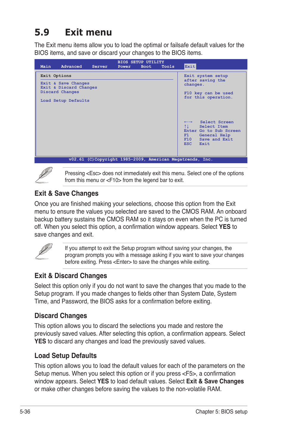 9 exit menu, Exit menu -36, Exit & save changes | Exit & discard changes, Discard changes, Load setup defaults | Asus TS300-E6/PS4 User Manual | Page 108 / 168