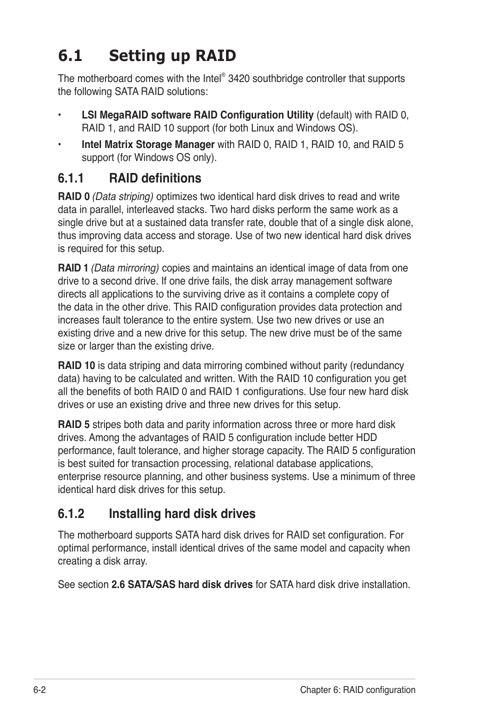 1 setting up raid, 1 raid definitions, 2 installing hard disk drives | Setting up raid -2 6.1.1, Raid definitions -2, Installing hard disk drives -2 | Asus TS300-E6/PS4 User Manual | Page 110 / 168