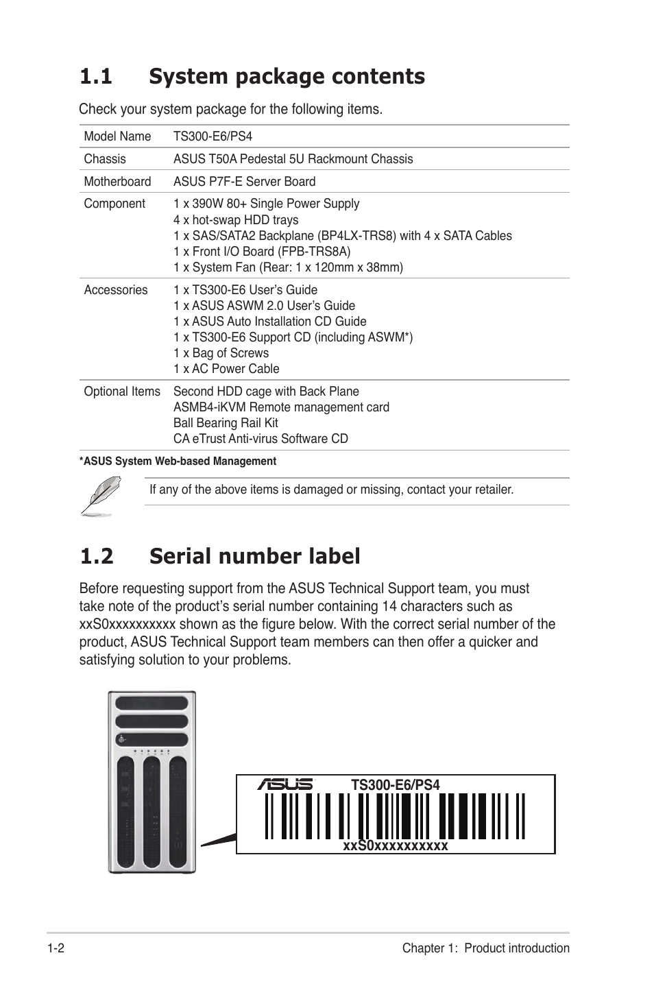 1 system package contents, 2 serial number label, System package contents -2 | Serial number label -2 | Asus TS300-E6/PS4 User Manual | Page 12 / 168