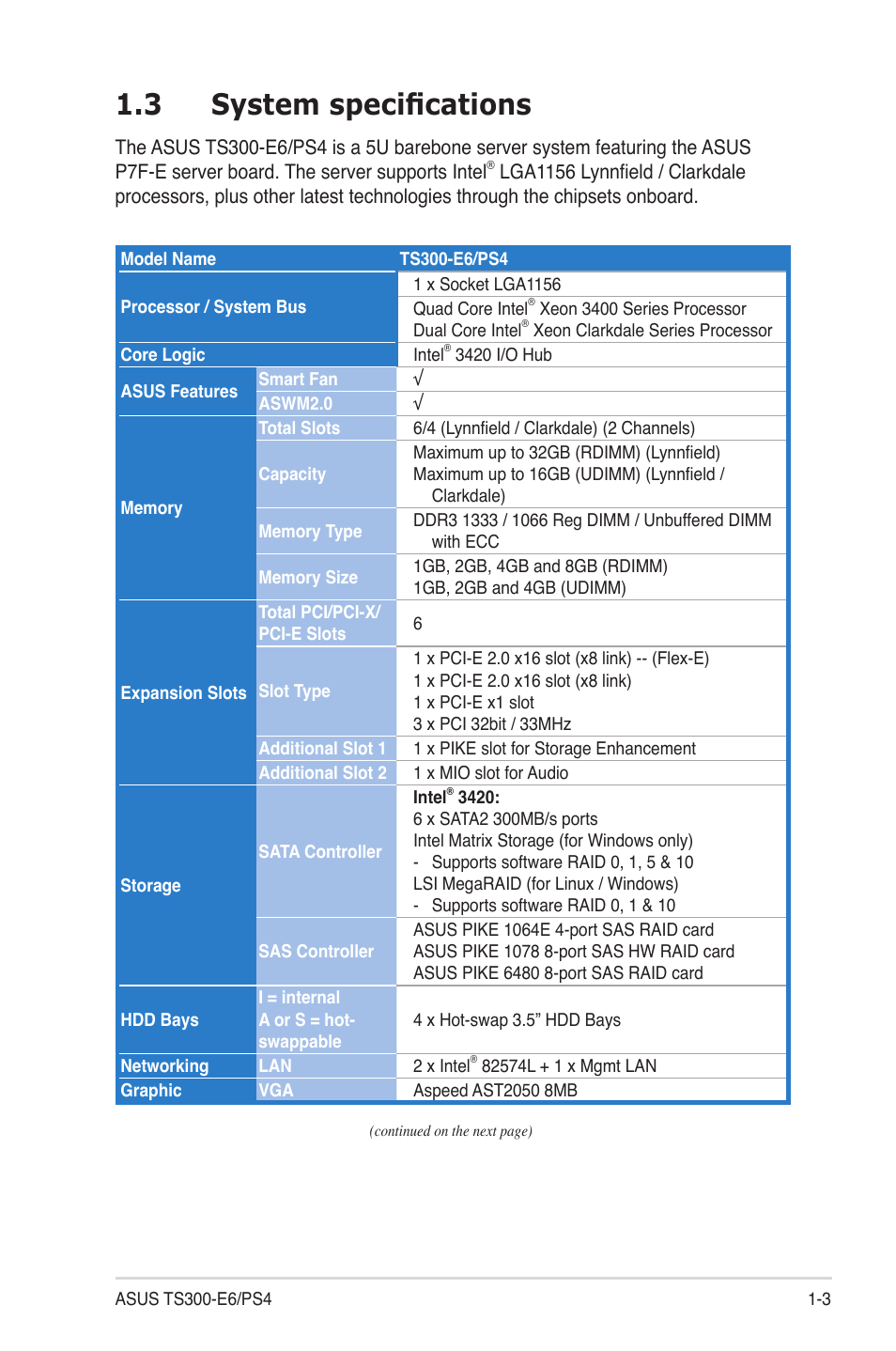 3 system specifications, System specifications -3 | Asus TS300-E6/PS4 User Manual | Page 13 / 168