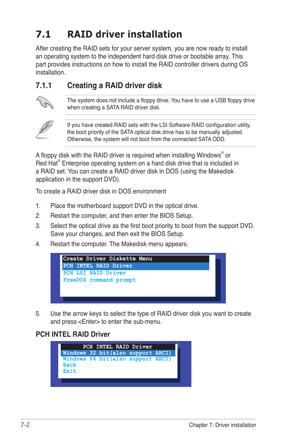 1 raid driver installation, 1 creating a raid driver disk, Raid driver installation -2 7.1.1 | Creating a raid driver disk -2, Pch intel raid driver | Asus TS300-E6/PS4 User Manual | Page 144 / 168