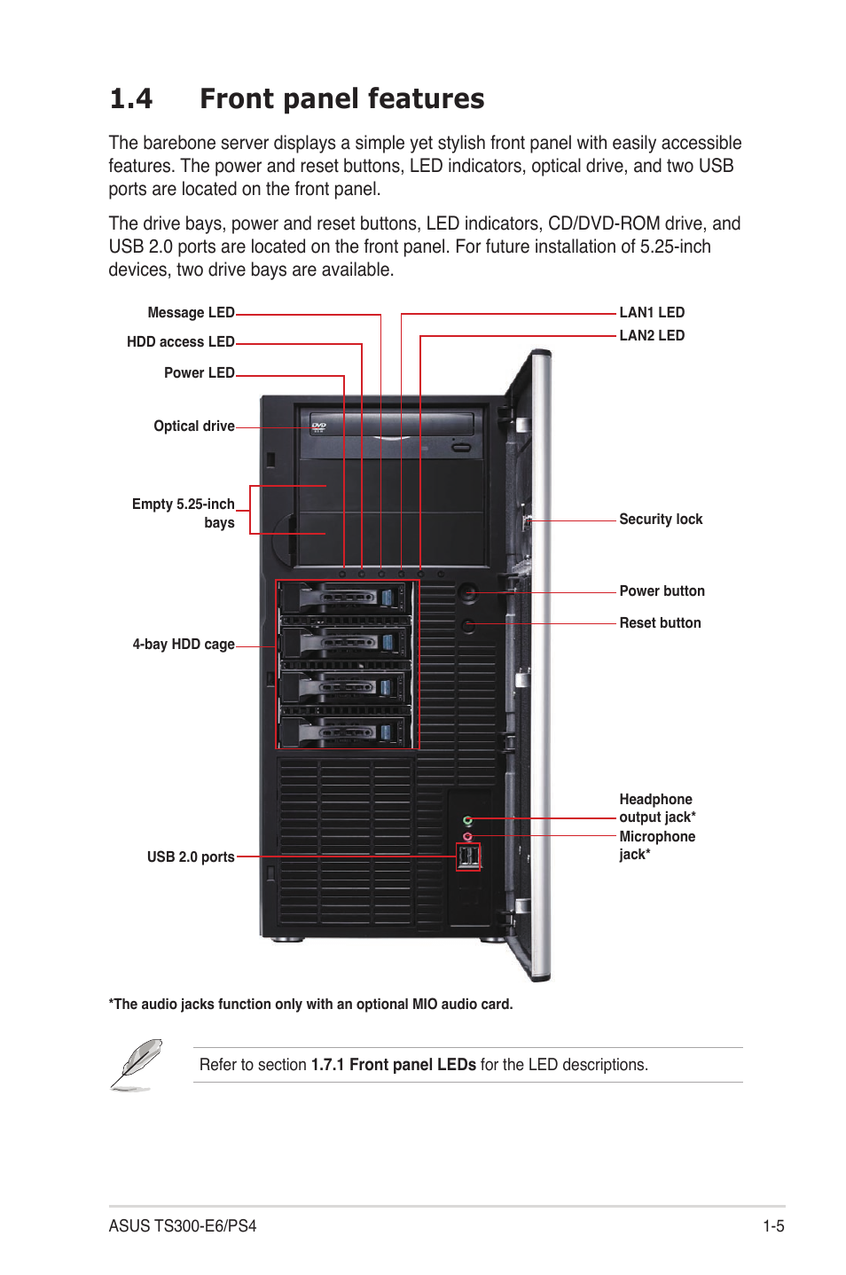 4 front panel features, Front panel features -5 | Asus TS300-E6/PS4 User Manual | Page 15 / 168