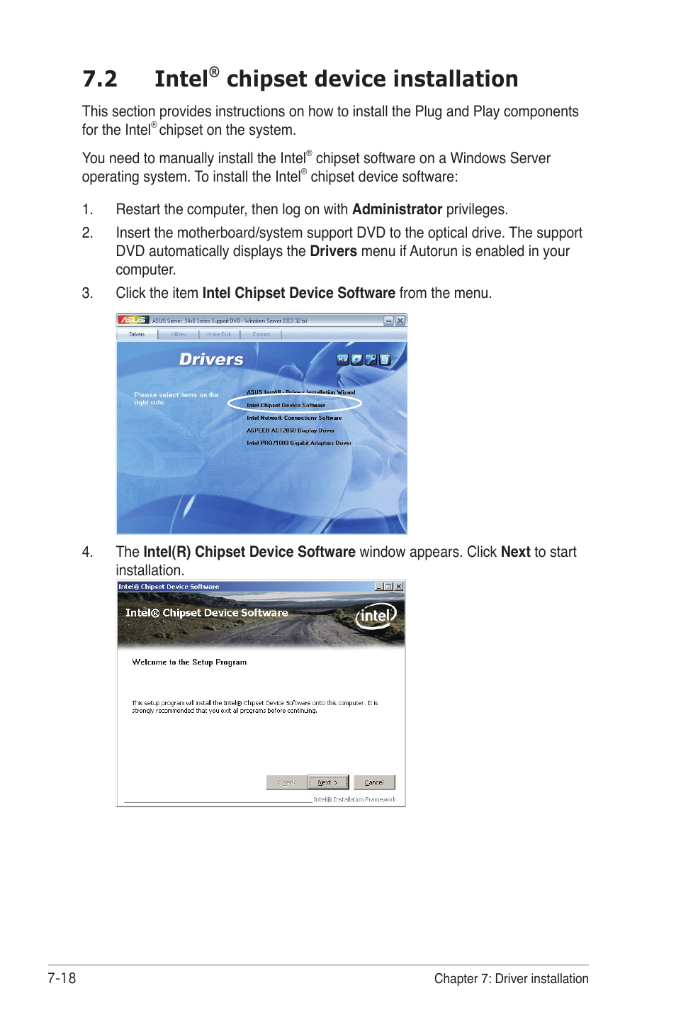 2 intel® chipset device installation, Intel, Chipset device installation -18 | 2 intel, Chipset device installation | Asus TS300-E6/PS4 User Manual | Page 160 / 168