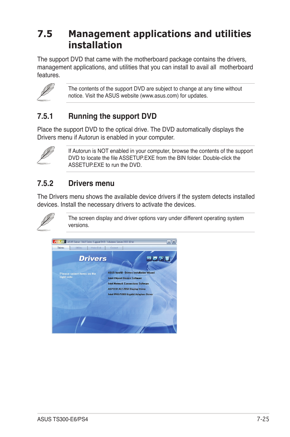 1 running the support dvd, 2 drivers menu, Running the support dvd -25 | Drivers menu -25 | Asus TS300-E6/PS4 User Manual | Page 167 / 168