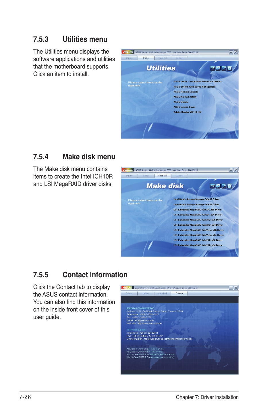 3 utilities menu, 4 make disk menu, 5 contact information | Utilities menu -26, Make disk menu -26, Contact information -26 | Asus TS300-E6/PS4 User Manual | Page 168 / 168