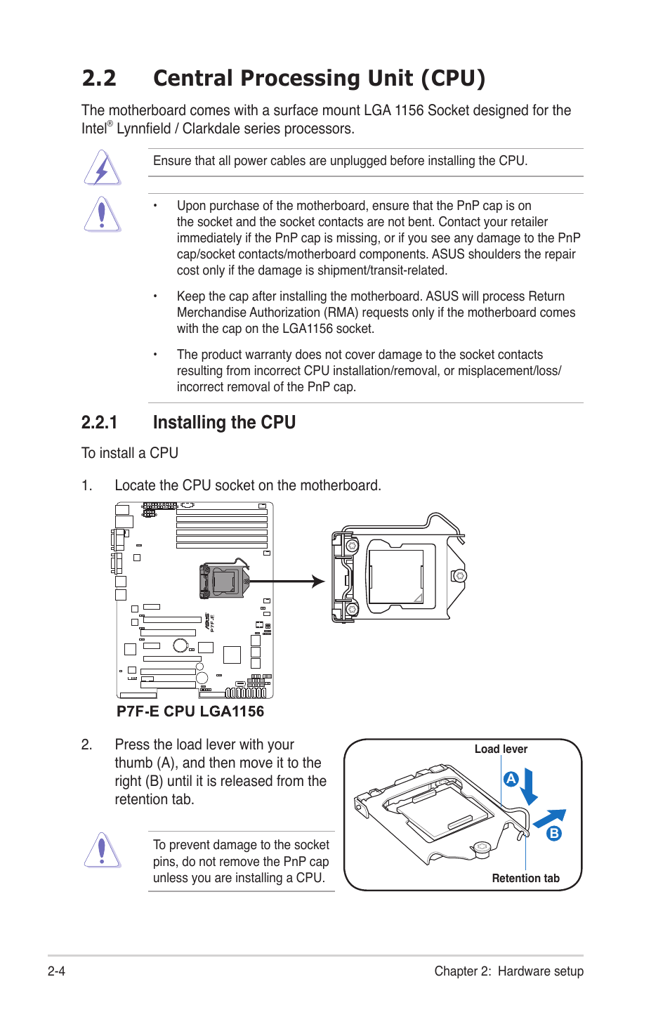 2 central processing unit (cpu), 1 installing the cpu, Central processing unit (cpu) -4 2.2.1 | Installing the cpu -4 | Asus TS300-E6/PS4 User Manual | Page 24 / 168