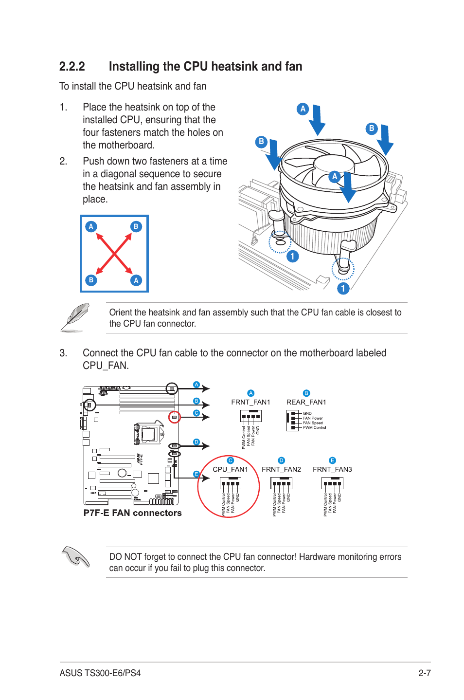 2 installing the cpu heatsink and fan, Installing the cpu heatsink and fan -7 | Asus TS300-E6/PS4 User Manual | Page 27 / 168