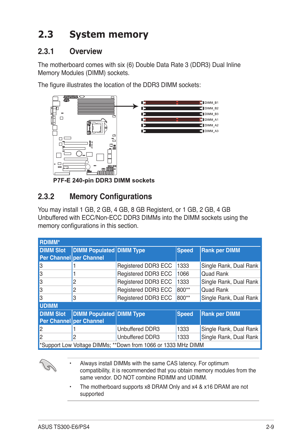 3 system memory, 1 overview, 2 memory configurations | System memory -9 2.3.1, Overview -9, Memory configurations -9 | Asus TS300-E6/PS4 User Manual | Page 29 / 168