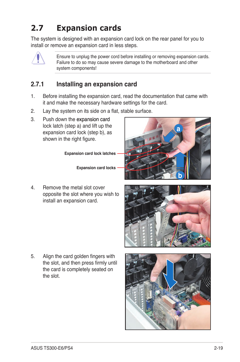 7 expansion cards, 1 installing an expansion card, Expansion cards -19 2.7.1 | Installing an expansion card -19 | Asus TS300-E6/PS4 User Manual | Page 39 / 168