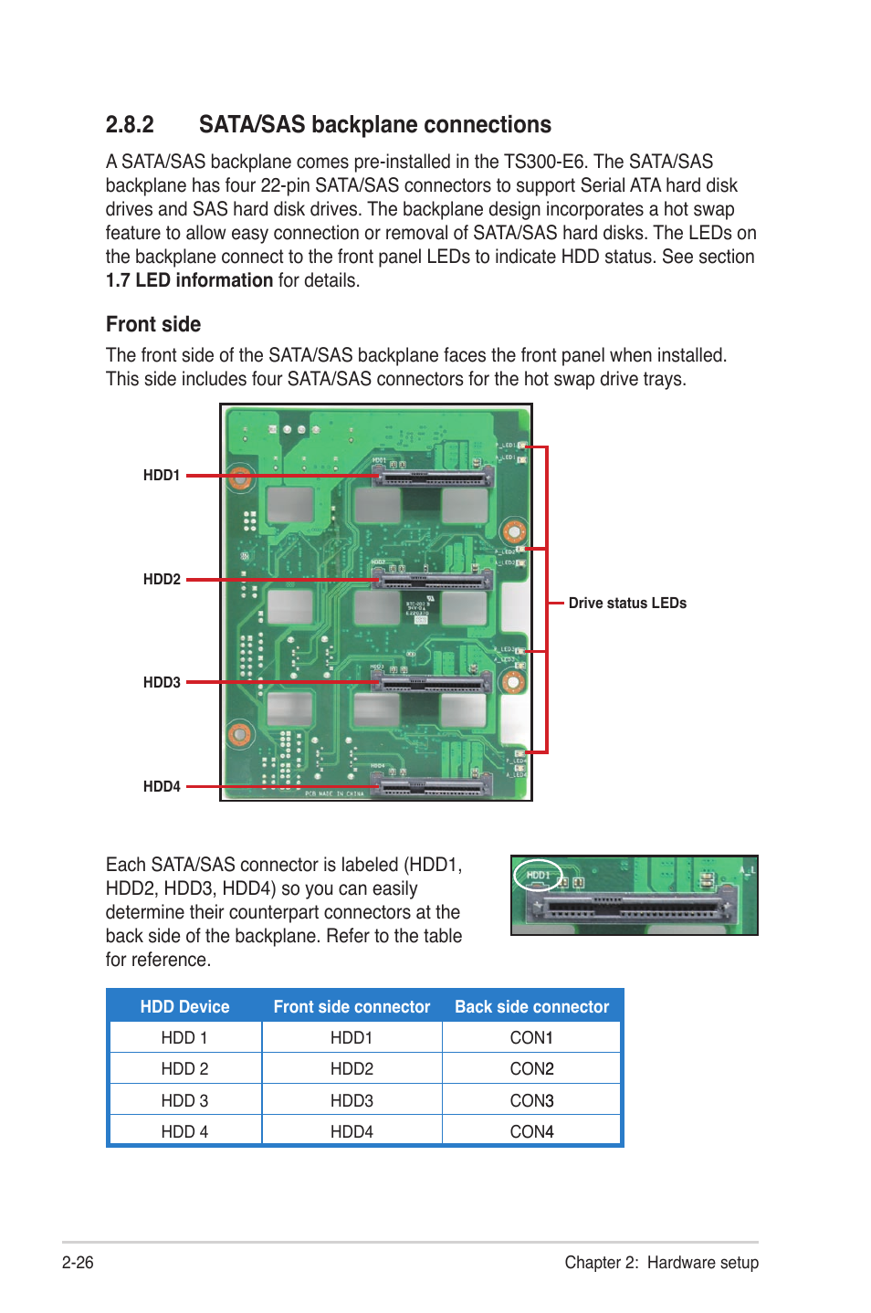 2 sata/sas backplane connections, Sata/sas backplane connections -26, Front side | Asus TS300-E6/PS4 User Manual | Page 46 / 168