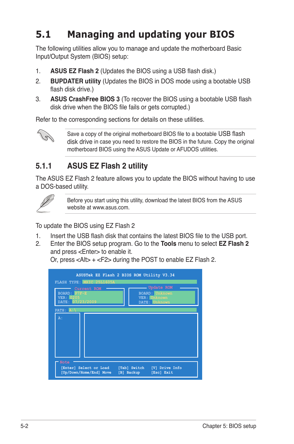 1 managing and updating your bios, 1 asus ez flash 2 utility, Managing and updating your bios -2 5.1.1 | Asus ez flash 2 utility -2, Usb flash disk drive | Asus TS300-E6/PS4 User Manual | Page 74 / 168
