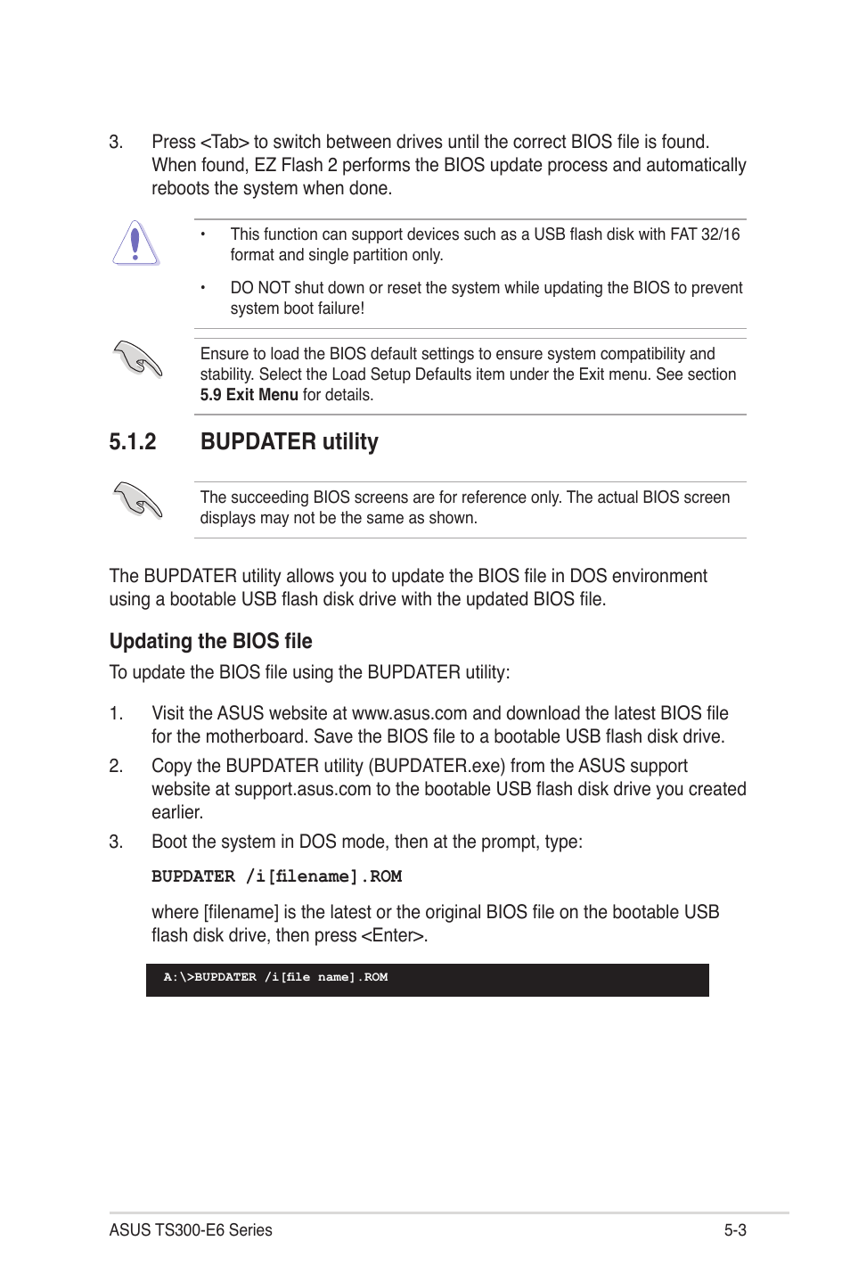 2 bupdater utility, Bupdater utility -3, Updating the bios file | Asus TS300-E6/PS4 User Manual | Page 75 / 168