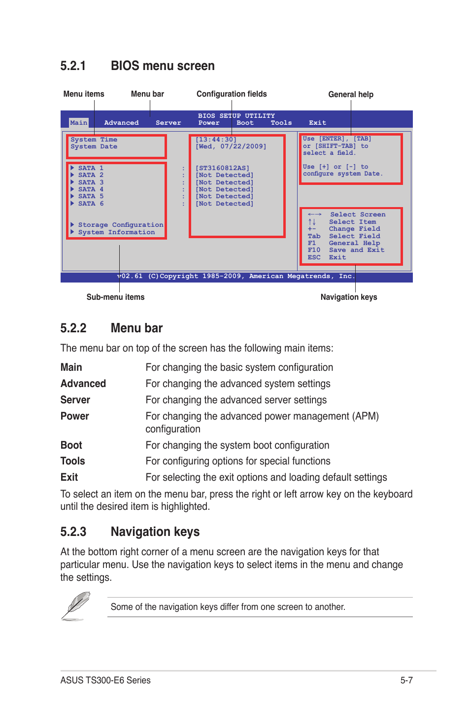1 bios menu screen, 2 menu bar, 3 navigation keys | Bios menu screen -7, Menu bar -7, Navigation keys -7 | Asus TS300-E6/PS4 User Manual | Page 79 / 168